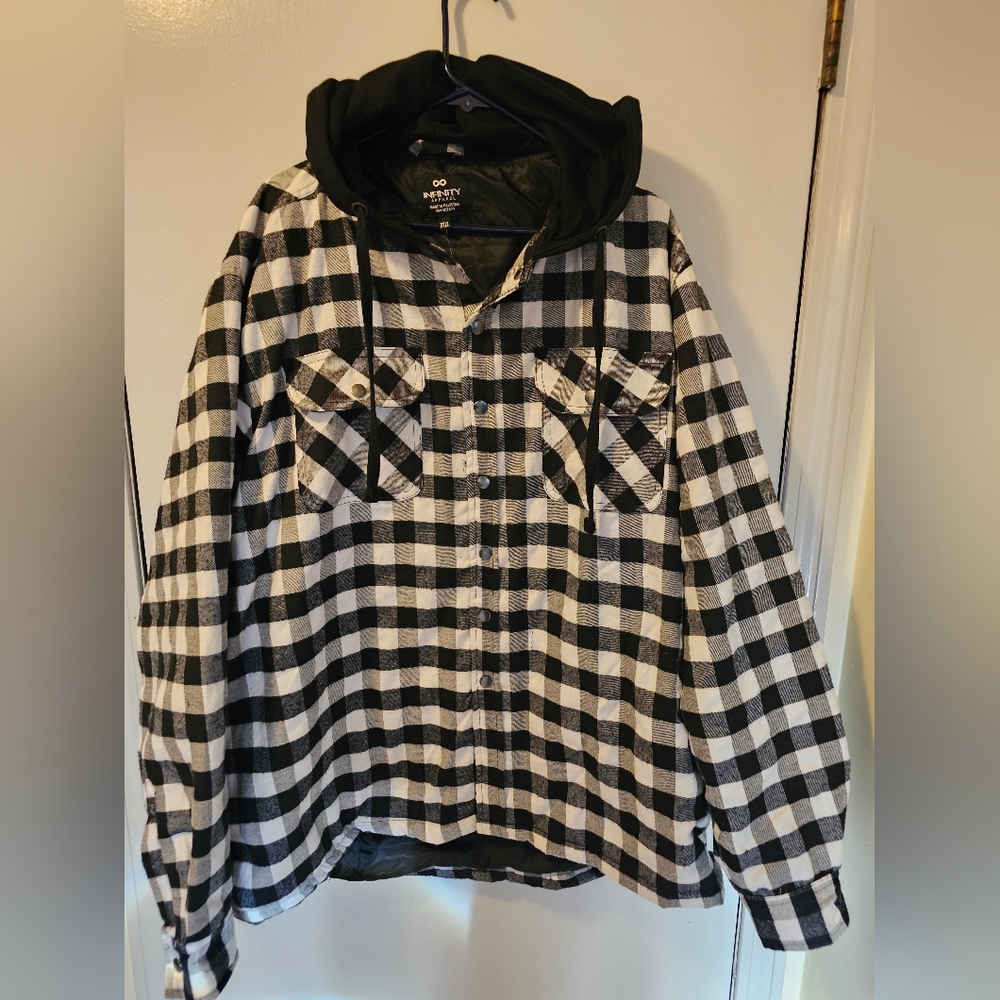 Infinity Apparel White Black Plaid Flannel Shirt Jacket Hood Lined Mens 3XL  NWT